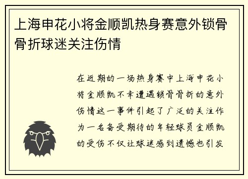 上海申花小将金顺凯热身赛意外锁骨骨折球迷关注伤情